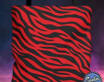 Red Tiger Stripe Tote Bag | Bold Animal Print Reusable Shopping Tote | Alternative Fashion Accessory