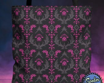 Victorian Gothic Damask Tote Bag | Magenta Black Goth Book Bag | Dark Academia Carryall