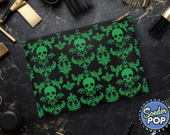 Green Gothic Skull Damask Pouch | Goth Makeup Bag | Spooky Zipper Pencil Case | Travel Organizer