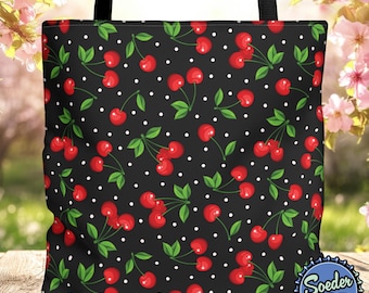 Schwarze Kirsche Polka Dot Einkaufstasche | Retro Obst Print Schultertasche | Vintage Style Reisetasche