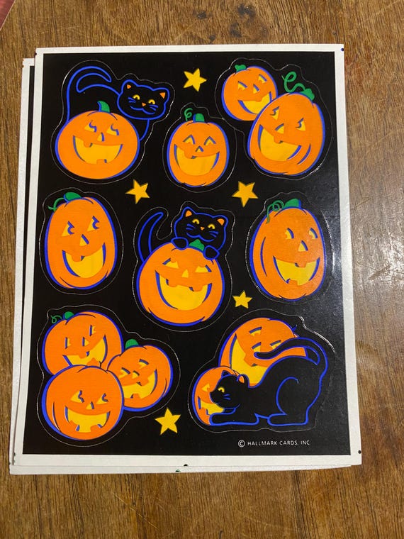 Vintage Hallmark Halloween Sticker Sheet with Black Cats and Pumpkins / Jack O Lanterns 80s 90s 00s