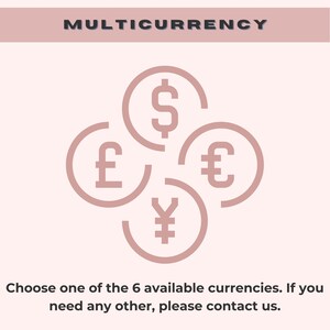 Pode incluir: Um gr&aacute;fico mostrando seis s&iacute;mbolos de moeda diferentes: d&oacute;lar americano, libra esterlina, euro, iene japon&ecirc;s, e o texto "MULTIMOEDA". Escolha uma das 6 moedas dispon&iacute;veis. Se precisar de outra, entre em contato conosco.