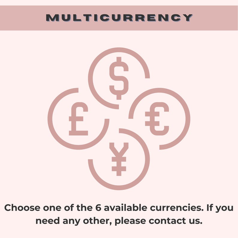 Pode incluir: Um gr&aacute;fico mostrando seis s&iacute;mbolos de moeda diferentes: d&oacute;lar americano, libra esterlina, euro, iene japon&ecirc;s, e o texto "MULTIMOEDA". Escolha uma das 6 moedas dispon&iacute;veis. Se precisar de outra, entre em contato conosco.