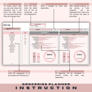 Pode incluir: Um planificador de mercearias imprim&iacute;vel rosa e cinza com instru&ccedil;&otilde;es sobre como usar o planificador. O planificador inclui uma se&ccedil;&atilde;o de or&ccedil;amento, uma lista de categorias e um gr&aacute;fico para acompanhar os gastos. O planificador foi projetado para ajudar as pessoas a acompanhar seus gastos com mercearias e manter-se dentro do or&ccedil;amento.