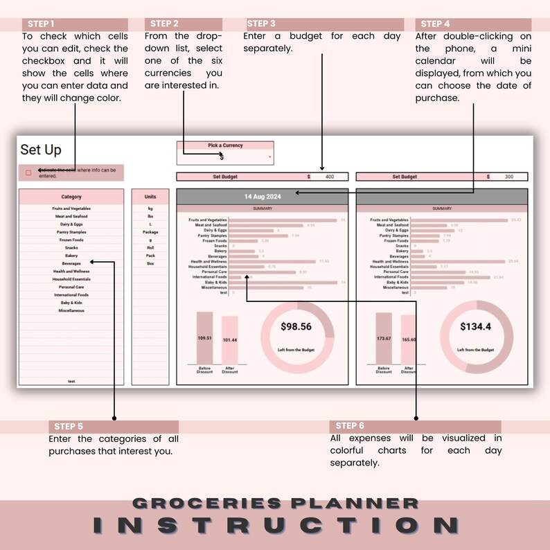 Pode incluir: Um planificador de mercearias imprim&iacute;vel rosa e cinza com instru&ccedil;&otilde;es sobre como usar o planificador. O planificador inclui uma se&ccedil;&atilde;o de or&ccedil;amento, uma lista de categorias e um gr&aacute;fico para acompanhar os gastos. O planificador foi projetado para ajudar as pessoas a acompanhar seus gastos com mercearias e manter-se dentro do or&ccedil;amento.