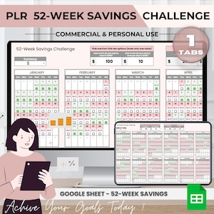 May include: A digital printable 52-week savings challenge calendar with three tabs for January, February, and March. The calendar is designed to help users save money each week. The calendar is available in a Google Sheet format. The text "Achieve Your Goals Today!" is at the bottom of the image.