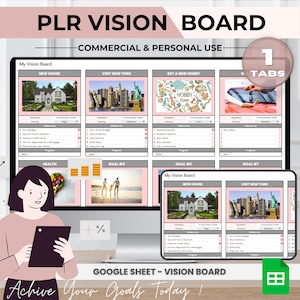 Może przedstawiać: Cyfrowa tablica wizji z tekstem "PLR VISION BOARD" i "COMMERCIAL & PERSONAL USE". Tablica zawiera sekcje dla celów, ze zdjęciami i tekstem, takimi jak "NEW HOUSE" i "VISIT NEW YORK". Osoba trzyma tablet z tablicą wizji.