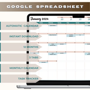 May include: A laptop computer displaying a Google Spreadsheet with a calendar for January 2024. The spreadsheet has tabs for automatic calendar, instant download, 12 months, 3 tabs, monthly calendar, and task tracker.