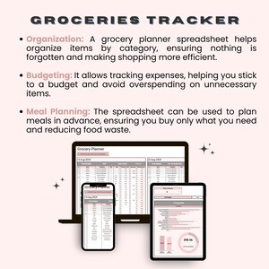 Pode incluir: Uma planilha de planejamento de compras de supermercado digital em um laptop, tablet e telefone. A planilha ajuda a organizar as compras de supermercado por categoria, acompanhar as despesas e planejar as refei&ccedil;&otilde;es com anteced&ecirc;ncia.