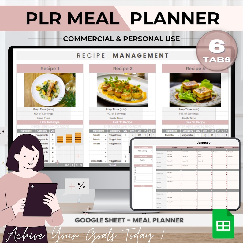May include: A computer screen displaying a meal planner template with six tabs. The template includes a recipe management section with three recipe cards, each with a picture of a dish, and a meal planner calendar. The text "PLR MEAL PLANNER" is at the top of the screen. The text "GOOGLE SHEET - MEAL PLANNER" is at the bottom of the screen.