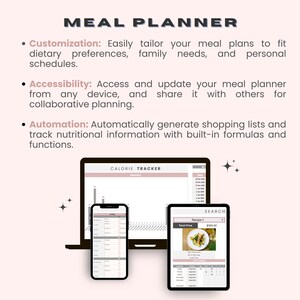 May include: Illustration of a meal planner app with a laptop, tablet, and phone displaying different features, including a calorie tracker, recipe search, and shopping list generation. The text "MEAL PLANNER" is at the top of the image.