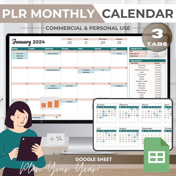 PLR Monthly Calendar 2026 Spreadsheet, Passive Income Planner (Google Sheets)