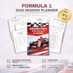 Diario stampabile definitivo di Formula 1 2026 / Planner F1 in formato PDF / Tracker dei piloti / Tracker dei Gran Premi / Calendario di Formula 1 2026