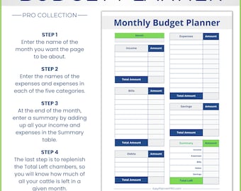 May include: A printable monthly budget planner in green and white. It features sections for income, expenses, bills, debts, and savings. Instructions are provided to help users manage their finances effectively.
