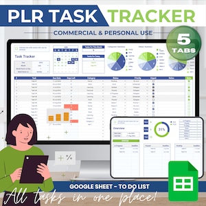 Peut inclure: Un suivi de tâches numérique avec le texte "PLR TASK TRACKER" et "GOOGLE SHEET - TO DO LIST". Le suivi affiche un calendrier, des listes de tâches et des résumés d'état. Une personne tient une tablette. L'image comprend le texte "All tasks in one place!"