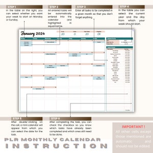 May include: A printable monthly calendar template with instructions for use. The calendar is for January 2024 and includes a section for tasks and events with due dates.