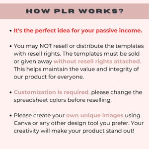 Pode incluir: Um gr&aacute;fico rosa e branco com o texto "HOW PLR WORKS?" e quatro marcadores que explicam como usar produtos de direitos de etiqueta privada. O texto explica que voc&ecirc; n&atilde;o pode revender ou distribuir os modelos com direitos de revenda, que a personaliza&ccedil;&atilde;o &eacute; necess&aacute;ria e que voc&ecirc; deve criar suas pr&oacute;prias imagens exclusivas.