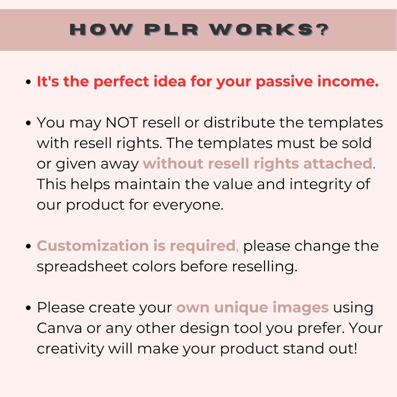 Pode incluir: Um gr&aacute;fico rosa e branco com o texto "HOW PLR WORKS?" e quatro marcadores que explicam como usar produtos de direitos de etiqueta privada. O texto explica que voc&ecirc; n&atilde;o pode revender ou distribuir os modelos com direitos de revenda, que a personaliza&ccedil;&atilde;o &eacute; necess&aacute;ria e que voc&ecirc; deve criar suas pr&oacute;prias imagens exclusivas.