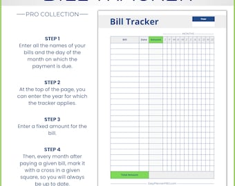May include: A printable bill tracker with instructions on how to use it. The tracker has columns for bill name, date, amount, and a grid for each month of the year. It also includes a space for a total amount.
