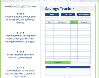 May include: A printable savings tracker with a green and blue color scheme. The tracker includes sections for goal, due date, total amount, data, description, amount, category, and notes.
