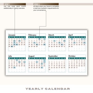 May include: A yearly calendar with a teal and white color scheme. The calendar is divided into 12 months, with each month displayed in a separate box. The days of the week are labeled with the abbreviations M, T, W, T, F, S, S. The days of the month are numbered 1 through 31. The calendar is designed to help users track their tasks and appointments.