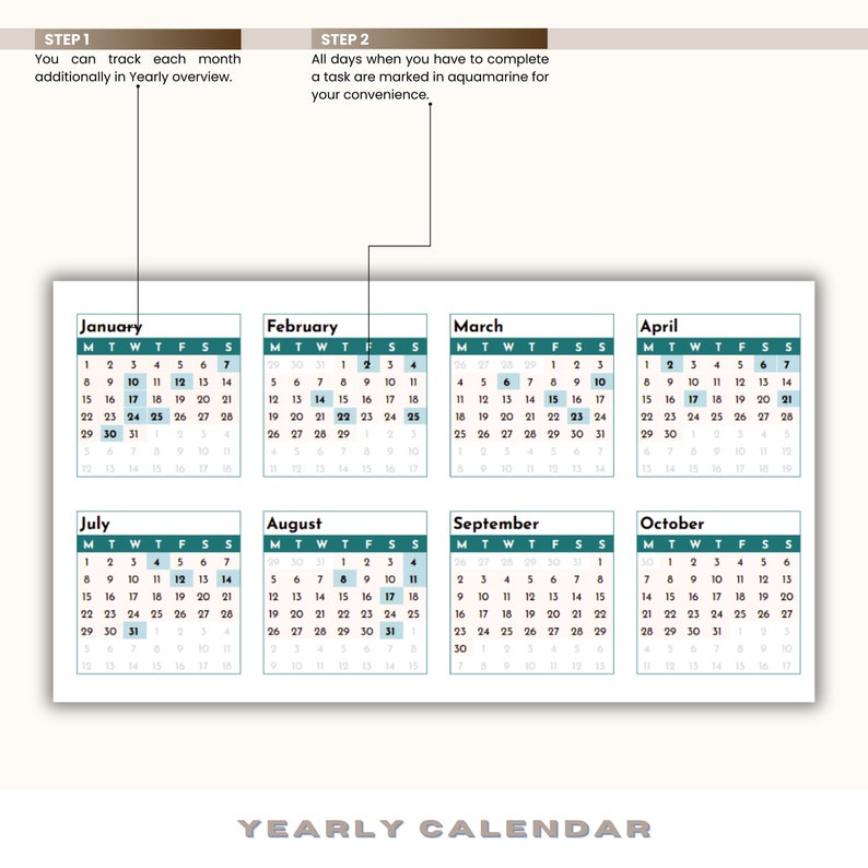 May include: A yearly calendar with a teal and white color scheme. The calendar is divided into 12 months, with each month displayed in a separate box. The days of the week are labeled with the abbreviations M, T, W, T, F, S, S. The days of the month are numbered 1 through 31. The calendar is designed to help users track their tasks and appointments.