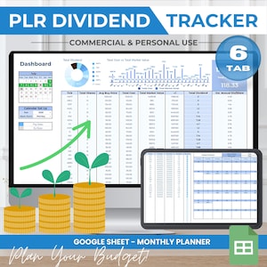 Puede incluir: Un panel de control financiero digital con el texto "PLR DIVIDEND TRACKER" y "COMMERCIAL & PERSONAL USE." La pantalla muestra gráficos y un calendario. La frase "Plan Your Budget!" está en la parte inferior, con un icono de Google Sheets.
