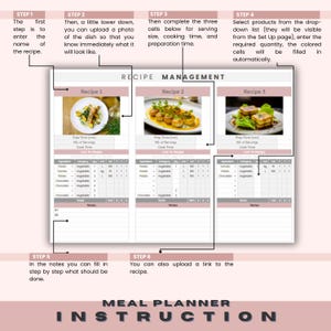May include: A meal planner instruction guide with steps on how to use the planner. The guide includes images of recipes with ingredients and notes sections. The text on the page reads "RECIPE MANAGEMENT", "STEP 1", "STEP 2", "STEP 3", "STEP 4", "STEP 5", "STEP 6", "MEAL PLANNER", and "INSTRUCTION".
