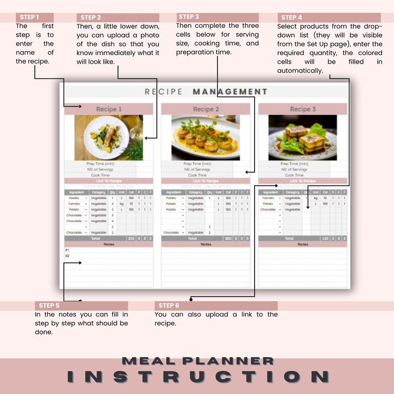 May include: A meal planner instruction guide with steps on how to use the planner. The guide includes images of recipes with ingredients and notes sections. The text on the page reads "RECIPE MANAGEMENT", "STEP 1", "STEP 2", "STEP 3", "STEP 4", "STEP 5", "STEP 6", "MEAL PLANNER", and "INSTRUCTION".