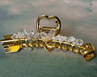 Quartz Arrow Claw Clip, Natural, Carved Clear Quartz Cupid’s Heart Arrow Hair Accessory Gold Crystal, Handmade