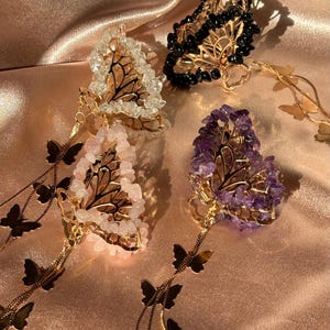 Pinza de mariposa con dije colgante, pinza para el cabello de cristal natural con gemas en rosa + cuarzo transparente, amatista y obsidiana en oro rosa.