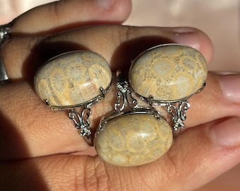 Coral Jade Ring, Natural Beige Coral Jade Statement Ring, Boho Chunky Ring