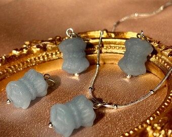 Angelite Pendant, Double Lotus Flower Charm, Celestite Angelite Jewelry w/ optional s.steel chain