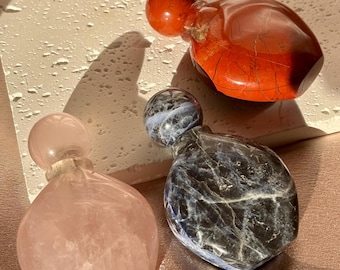 Natural Gemstone Perfume Bottles, Rose Quartz, Red Jasper, Sodalite. Hand Carved, one of a kind bottles, oil container
