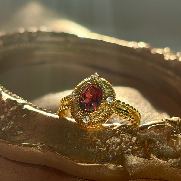 Natural Garnet Ring, Vintage Style, Antique Style Garnet Gold Color Copper Ring, Adjustable Size, w/ Cubic Zirconia