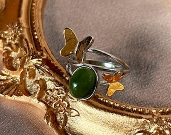 Natural Jade Ring, Butterfly Two-Tone Statement Ring, Vintage Style