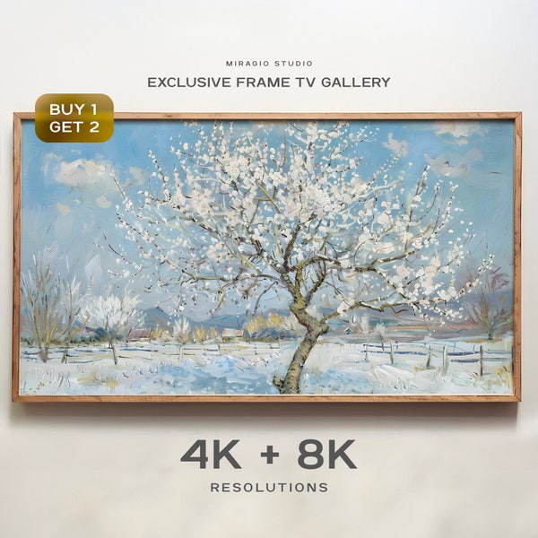 Frame TV Art Snowy Blossom Tree Painting, Winter Orchard Art, Icy Blue Sky Artwork Screensaver, TV Digital Download, Home Decor