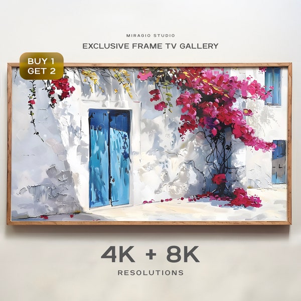 Frame TV Art Bougainvillea Archway Painting, Blue Door Entrance Art, Mediterranean Artwork Screensaver, TV Digital Download, Home Decor