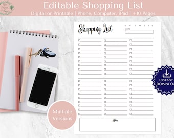 Editable Shopping List Template: Printable Grocery Planner (Digital Download)