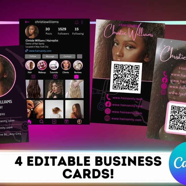 Hairstylist Business Card Pink and Black Card Trendy Business Card Canva Template Business Cards Ig Card Custom Business Card Bundle
