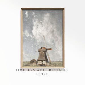 Impresión de paisaje europeo de molino de viento holandés, impresión de arte vintage, arte de pared vintage, arte de pared descargable e imprimible, decoración de granja - N.º 057