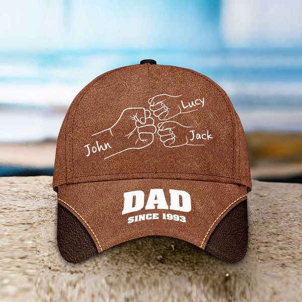 Custom Dad Kids Names Holding Hands Cap, Hand Punch Line Sketch Dad Since - Fist Bump Personalized Classic Cap Dad Trucker Hat Gift For Papa