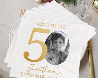 Custom Photo 50th Birthday Napkins, Personalized Birthday Napkins, Portrait Birthday Napkins, Look&#39;s Who 50 Birthday, Birthday Party Decors