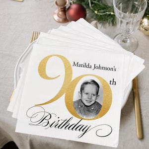 Custom  90th Birthday Photo Napkins, Personalized Birthday Napkins, Portrait Birthday Napkins, Look's Who 90 Birthday, Birthday Party Decors