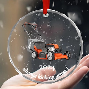 Personalized Lawn Mower  Hanging Glass Ornament, Gardening Lovers Landscapers, Cutting The Grass, Push Mower Ornament Gifts For Gardener