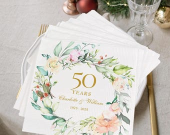 Personalized 50th Anniversary Napkins, 25th 30th Wedding Anniversary, Happy Anniversary Napkins, Beverage Cocktail Luncheon Dinner Napkins