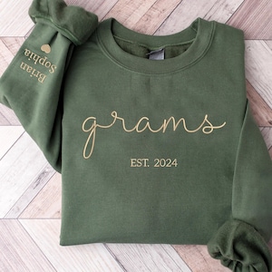 Custom Embroidered Grams Sweatshirt with Grandkids Names on Sleeve, Est Date Grams Sweatshirt, Gift for Grams, Minimalist Grams Sweater