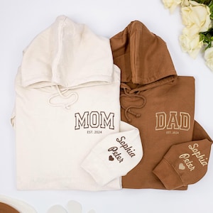 DAD MOM Embroidered Sweatshirt or Hoodie, Name On Sleeve With Heart, Dada Mama Crewneck, Gift for Dad Mom, Newly Dad Mom,Daddy Est Year 2024