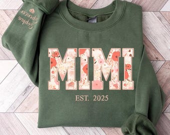 Embroidered Mimi Sweatshirt, Mimi Floral Applique Sweatshirt, Mimi Sweater with Kids on Sleeve, Gift for Grandma, Nana Gift, Mother Day Gift