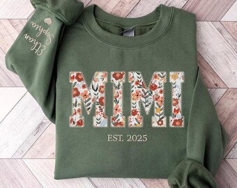 Custom Floral Applique Embroidered Mimi Sweatshirt, Mimi Sweater, Mimi Crewneck, Gift For Nana, New Grandma Gifts, Mama Mimi Nana Hoodies
